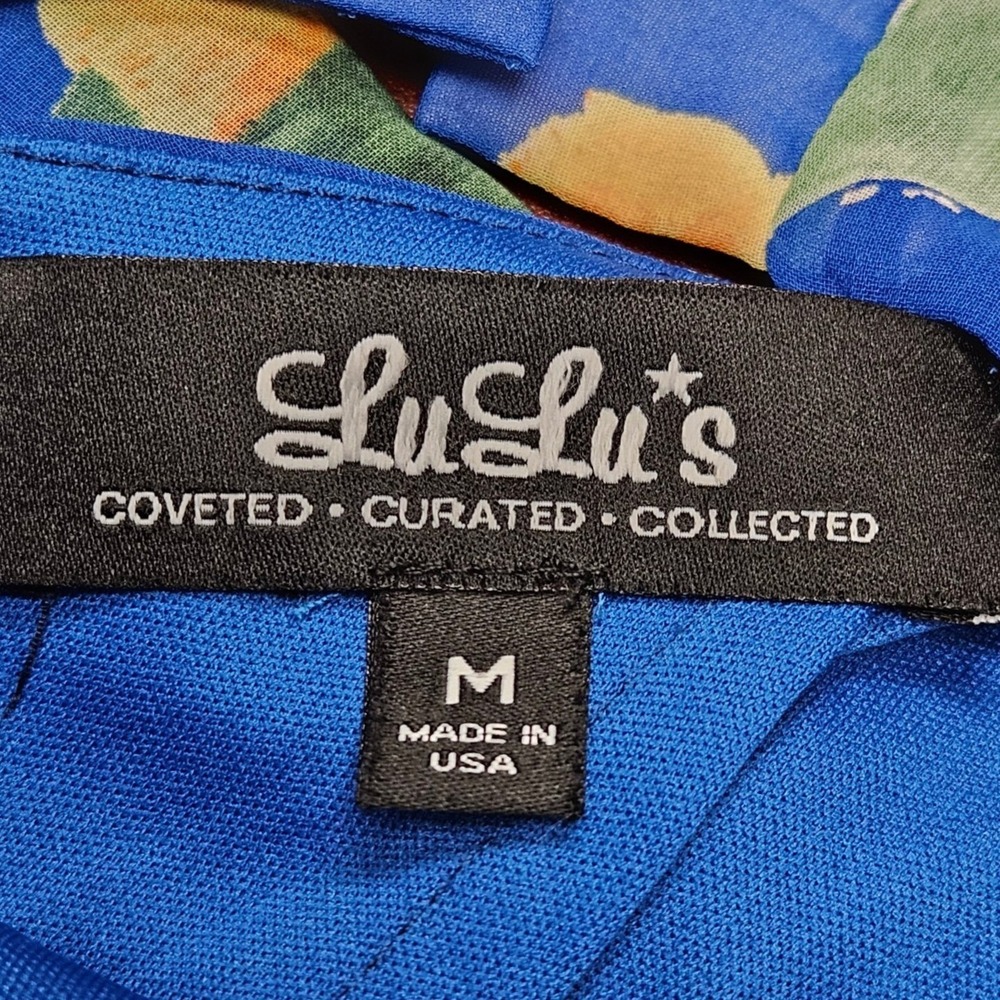 LULUS Royal Blue Floral Shift Dress M Open Keyhole Back Wedding Guest Mini - Picture 8 of 10